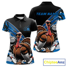 Load image into Gallery viewer, Custom Blue Camo Funny Turkey Bowling Team Shirt For Women, Turkey Bowling Jerseys IPHW10549