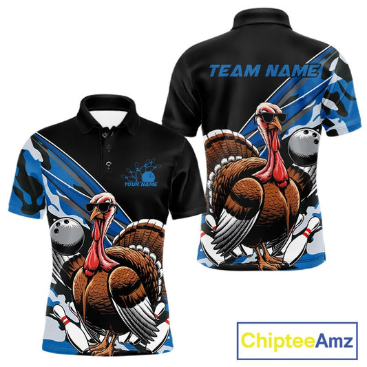 Custom Blue Camo Funny Turkey Bowling Team Shirt For Men, Turkey Bowling Jerseys IPHW10549