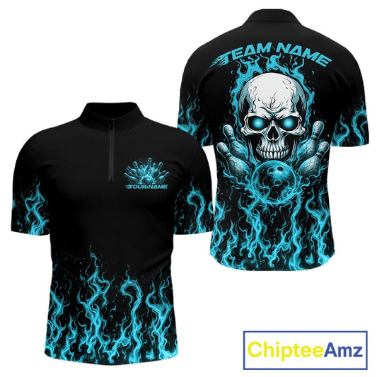 Custom Blue Flame Skull Bowling Team Shirts For Men, Halloween Bowling Jerseys IPHW10555