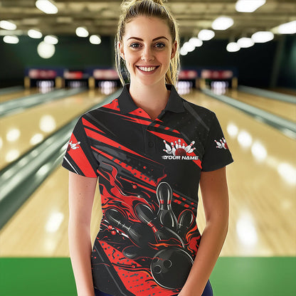 Custom Black And Red Flame Women Bowling Polo Shirts, Fire Bowling Ball Bowling Team Shirt IPHW8697
