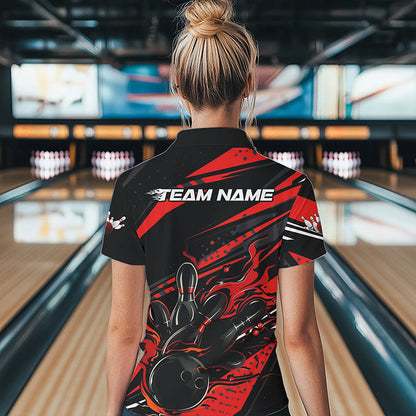 Custom Black And Red Flame Women Bowling Polo Shirts, Fire Bowling Ball Bowling Team Shirt IPHW8697