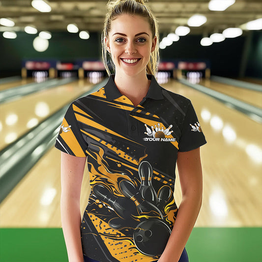 Custom Black And Gold Flame Women Bowling Polo Shirts, Fire Bowling Ball Bowling Team Shirt IPHW8698
