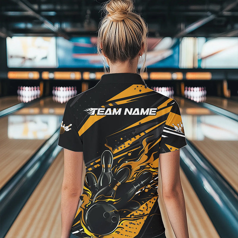 Custom Black And Gold Flame Women Bowling Polo Shirts, Fire Bowling Ball Bowling Team Shirt IPHW8698