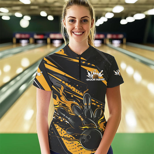 Custom Black And Gold Flame Women Bowling Quarter-Zip Shirts, Fire Bowling Ball Team Shirt IPHW8698