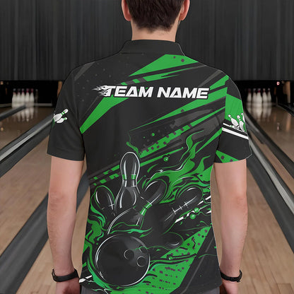 Custom Black And Green Flame Men Bowling Polo Shirts, Fire Bowling Ball Bowling Team Shirt IPHW8699