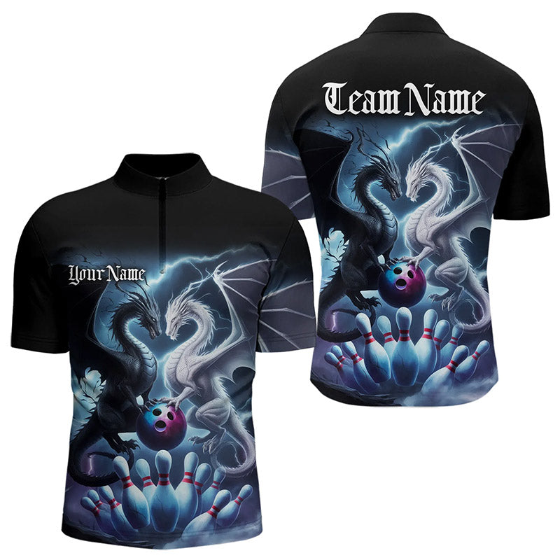 Custom Blue Lightning Black And White Dragons Bowling Quarter-Zip Shirts For Men Bowlers Outfit IPHW8957