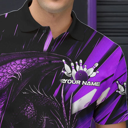 Black And Purple Custom Dragon Bowling Team Polo Shirts For Men, Bowling League Shirt IPHW8966