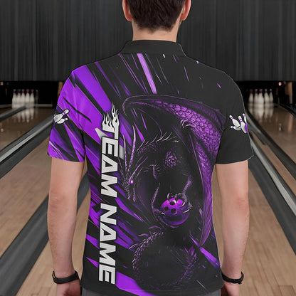 Black And Purple Custom Dragon Bowling Team Polo Shirts For Men, Bowling League Shirt IPHW8966