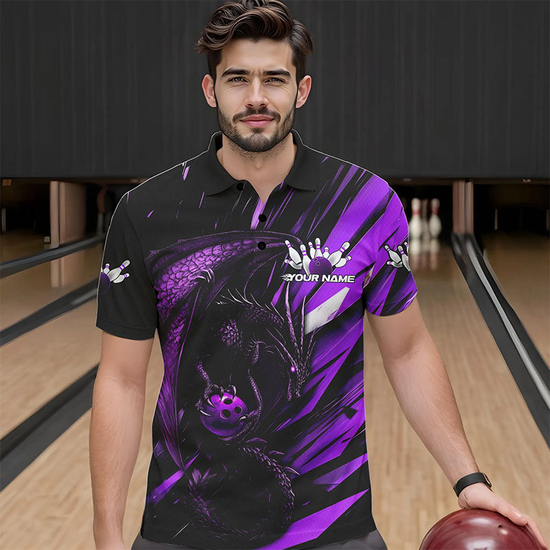 Black And Purple Custom Dragon Bowling Team Polo Shirts For Men, Bowling League Shirt IPHW8966