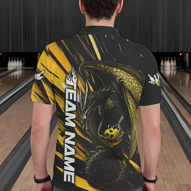 Black And Yellow Custom Dragon Bowling Team Polo Shirts For Men, Bowling League Shirt IPHW8967