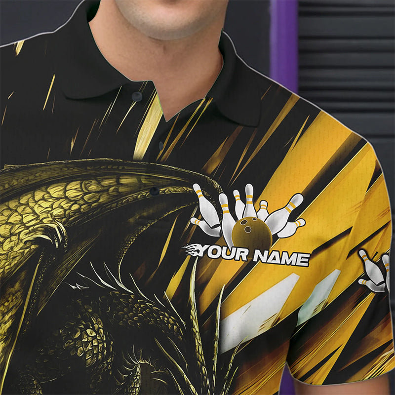 Black And Yellow Custom Dragon Bowling Team Polo Shirts For Men, Bowling League Shirt IPHW8967