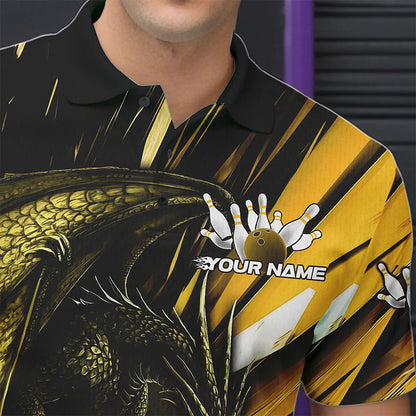 Black And Yellow Custom Dragon Bowling Team Polo Shirts For Men, Bowling League Shirt IPHW8967