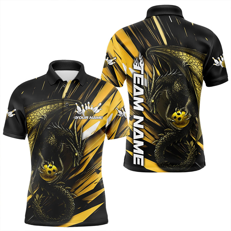 Black And Yellow Custom Dragon Bowling Team Polo Shirts For Men, Bowling League Shirt IPHW8967