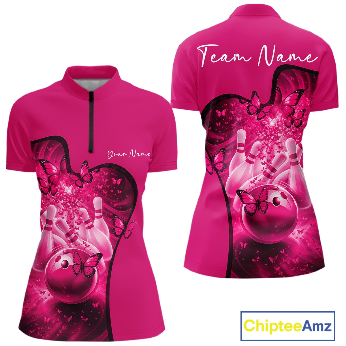 Front and back mockup of a womens pink bowling quarter zip featuring butterfly graphics and bowling-inspired artwork