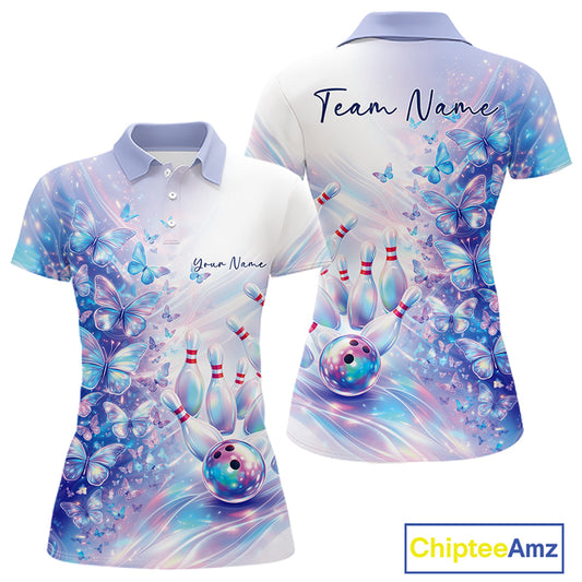 Front and back mockup of a womens polo shirt with pastel purple and pink holographic butterflies and colorful bowling graphics