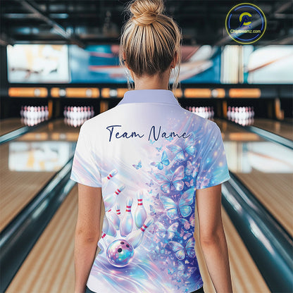 Back view of a female model wearing a bowling polo decorated with pastel purple and pink holographic butterflies and bowling graphics