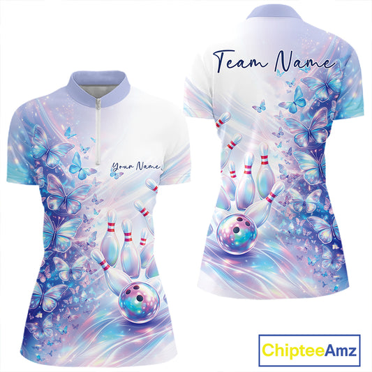 Womens bowling quarter zip mockup shown front and back with pastel holographic butterfly artwork and bowling-themed graphics