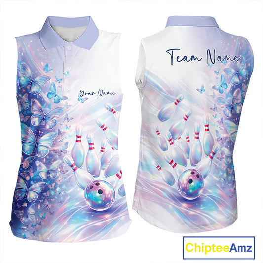 Bowling shirt decorated with pastel purple and pink holographic butterflies and colorful bowling graphics