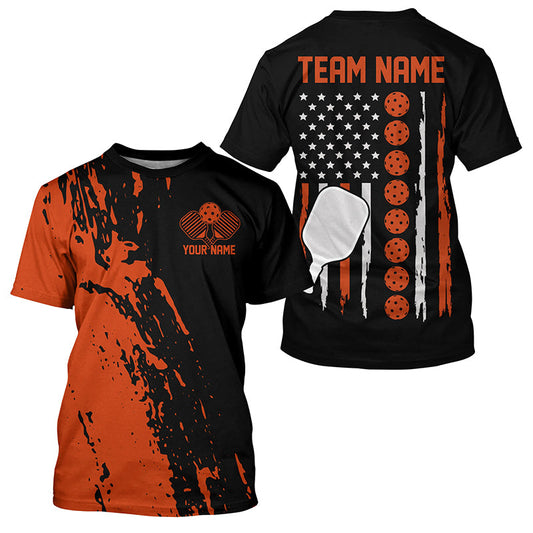 Orange Thin Line American Pickleball Flag Custom US Pickleball T-Shirts For Men, Patriotic Pickleball Shirt IPHW7769