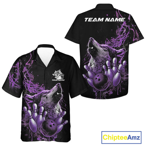 Custom Purple Wolf Howling Men And Women Hawaiian Shirt, Wolf Bowling Team Jerseys IPHW10159
