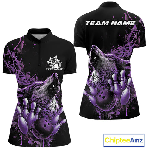 Custom Purple Wolf Howling Women Quarter-Zip Shirt, Wolf Bowling Team Jerseys IPHW10159