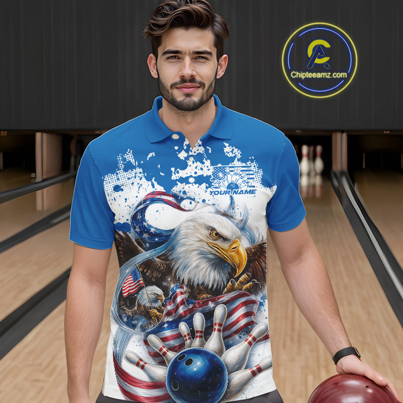 Custom Patriotic US Flag Eagle Bowling Men Shirt, USA Bowling Team League Shirt IPHW10164
