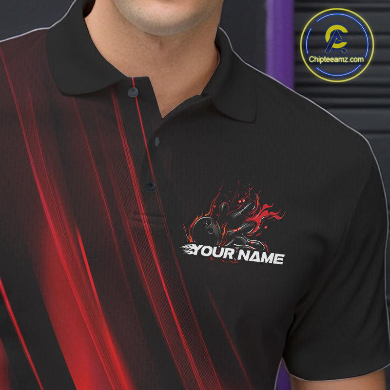 Custom Black And Red Gradient Flame Bowling Team Jerseys, Fire Bowling Shirt For Men IPHW10570