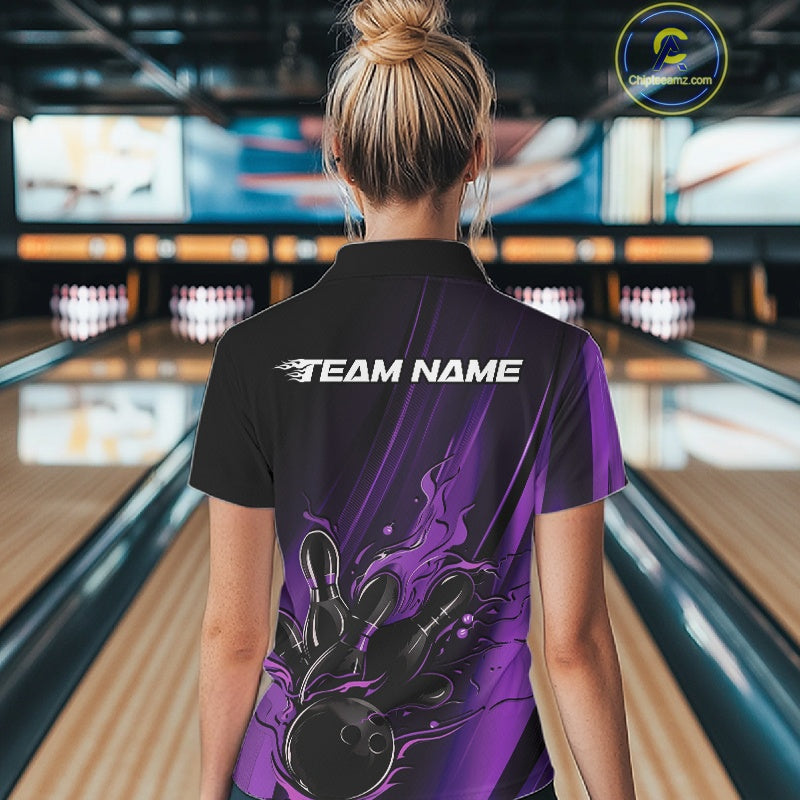 Custom Black And Purple Gradient Flame Bowling Team Jersey, Fire Bowling Shirt For Women IPHW10572