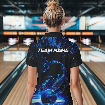 Custom Black Blue Flame Scorpio Zodiac Bowling Women Polo Shirt, Scorpion Bowling Team IPHW8969