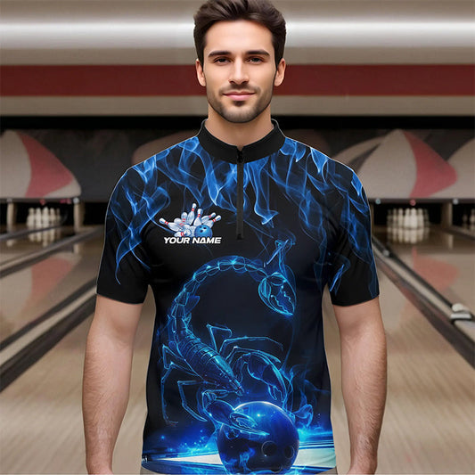 Custom Black And Blue Flame Scorpio Zodiac Bowling Men Quarter-Zip Shirts, Scorpion Bowling Team IPHW8969