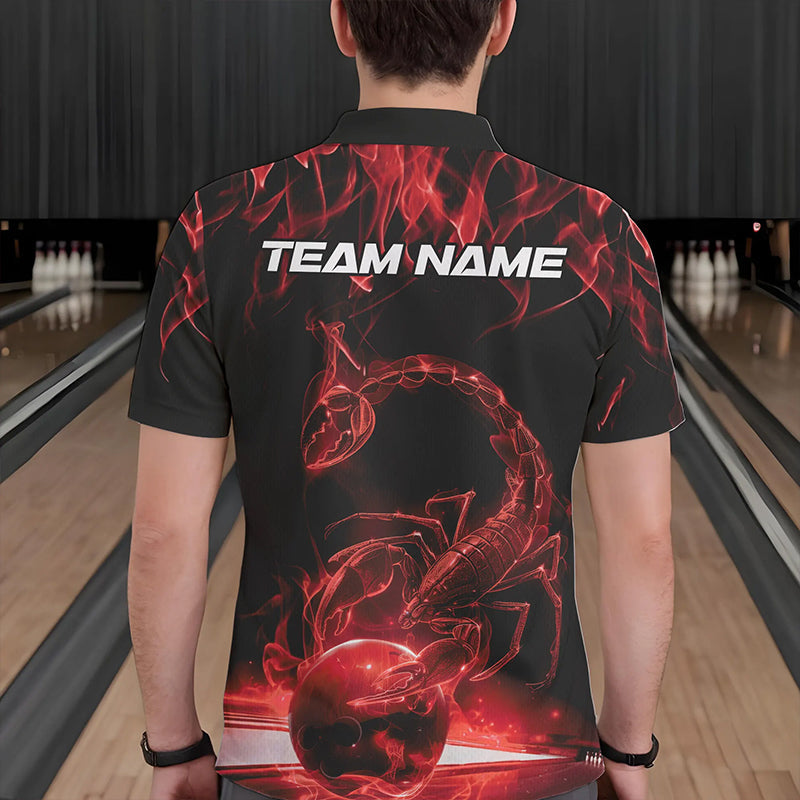 Custom Black And Red Flame Scorpio Zodiac Bowling Men Polo Shirts, Scorpion Bowling Team IPHW8970
