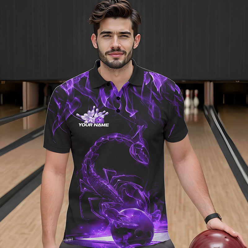 Custom Black And Purple Flame Scorpio Zodiac Bowling Men Polo Shirts, Scorpion Bowling Team IPHW8971