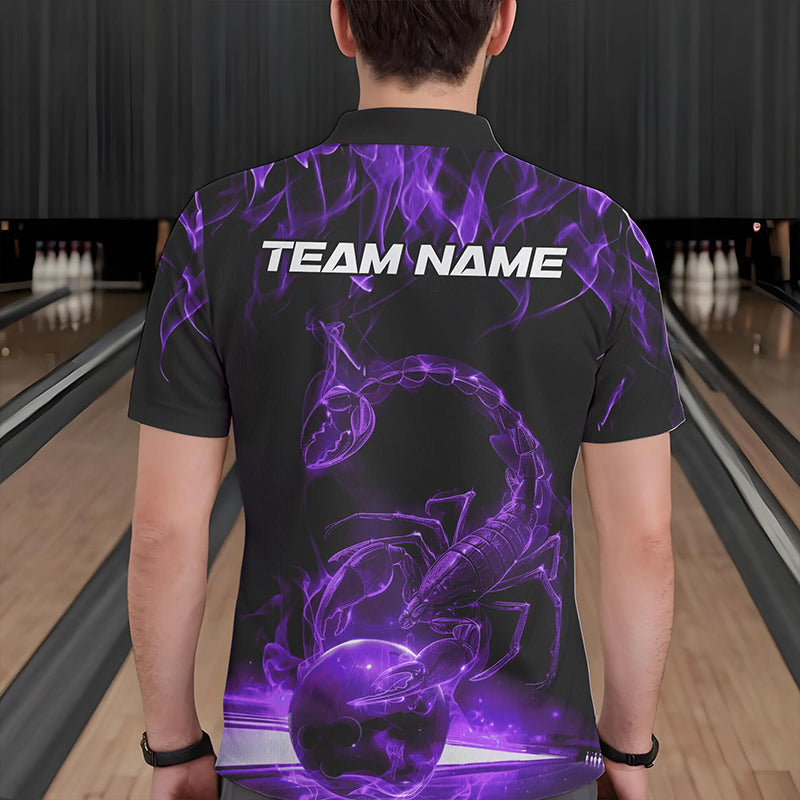 Custom Black And Purple Flame Scorpio Zodiac Bowling Men Polo Shirts, Scorpion Bowling Team IPHW8971
