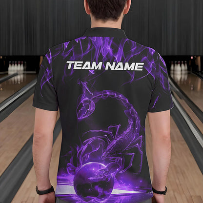 Custom Black And Purple Flame Scorpio Zodiac Bowling Men Polo Shirts, Scorpion Bowling Team IPHW8971