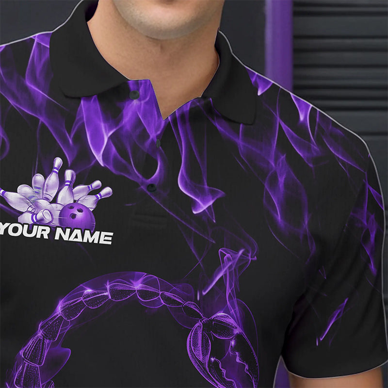Custom Black And Purple Flame Scorpio Zodiac Bowling Men Polo Shirts, Scorpion Bowling Team IPHW8971