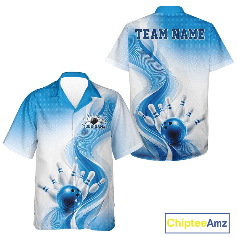 Front and back button-up bowling shirt mockup in white and blue featuring flowing wave graphics and a glossy bowling ball knocking down pins