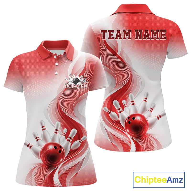 Front and back mockup of a womens white and red bowling polo featuring flowing abstract wave graphics and a glossy bowling ball knocking down pins