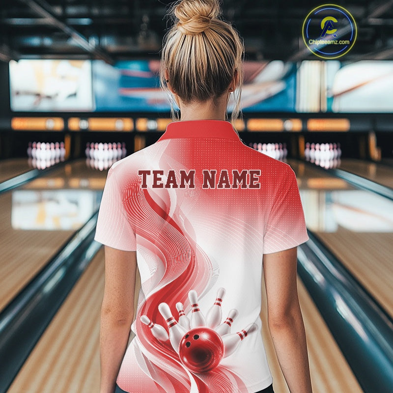 White and red bowling polo shirt displayed from the back on a female model, featuring flowing patterns and a bowling strike illustration