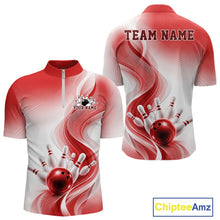 Load image into Gallery viewer, Front and back view of a mens white and red bowling quarter-zip mockup featuring flowing wave patterns and a glossy bowling action graphic