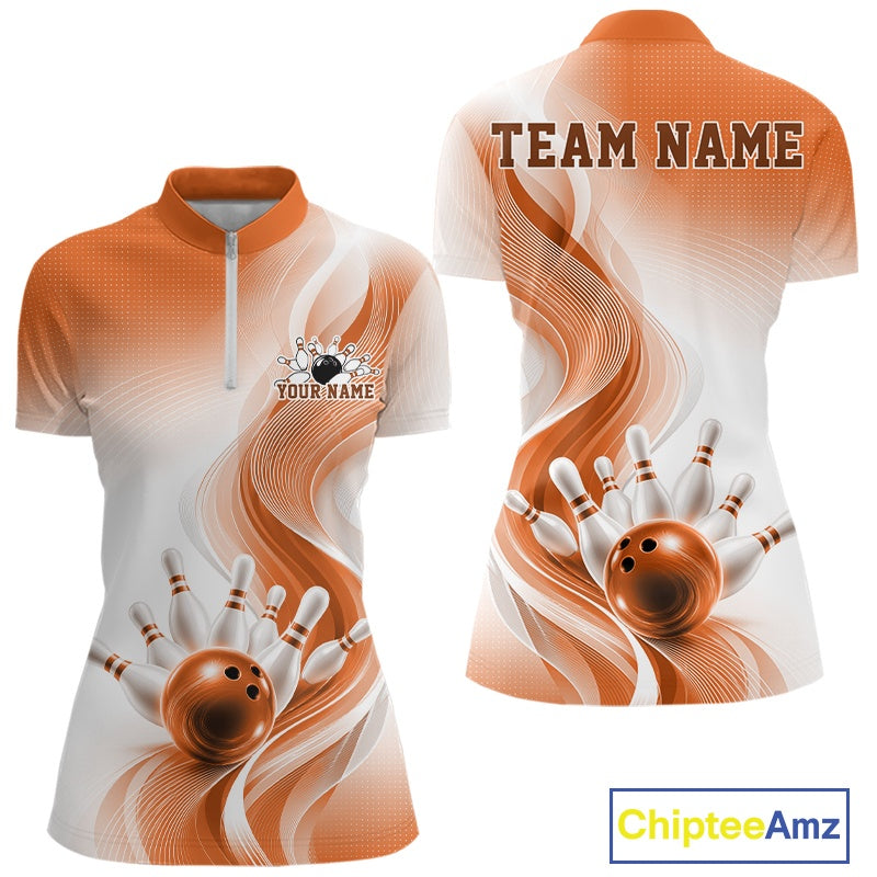 Front and back view of a womens white and orange bowling quarter-zip mockup featuring flowing wave artwork and a glossy bowling strike graphic