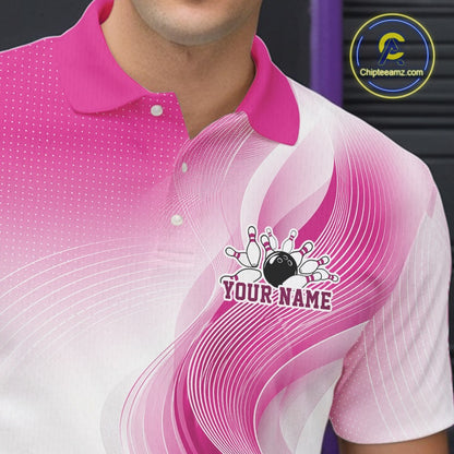 Close-up of the left chest on a white and pink bowling polo shirt featuring fluid wave accents and a glossy bowling action illustration