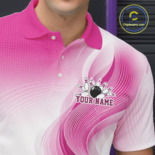 Load image into Gallery viewer, Close-up of the left chest on a white and pink bowling polo shirt featuring fluid wave accents and a glossy bowling action illustration