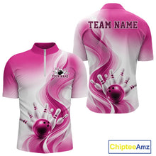 Load image into Gallery viewer, Front and back mockup of a mens white and pink bowling quarter-zip shirt featuring flowing wave accents and bowling-inspired artwork