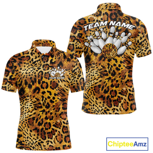 Front and back views of a mens yellow, brown, and black leopard-print bowling polo with chest name text, bowling pins, and team name on the back.