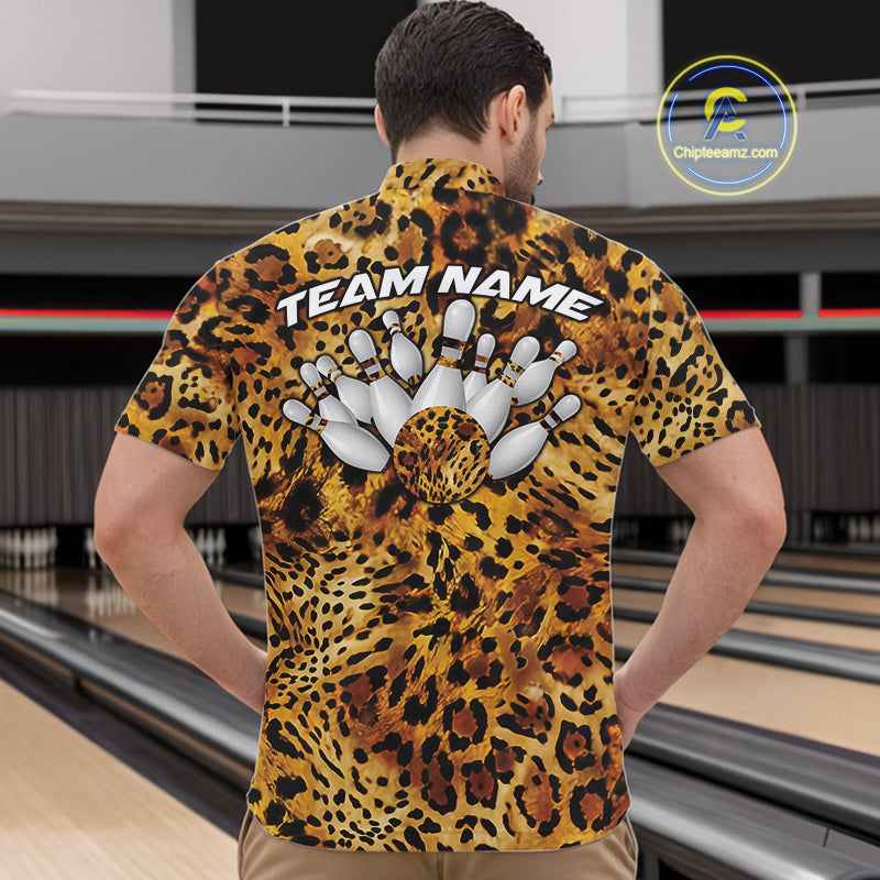 Leopard-print bowling team shirt shown on a men facing the lanes, with a back design of bowling pins, a spotted ball, and customizable team name lettering.
