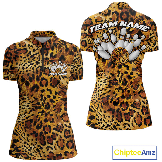 Leopard print womens bowling quarter zip shirt with customizable team name and bowling pins graphic on the back