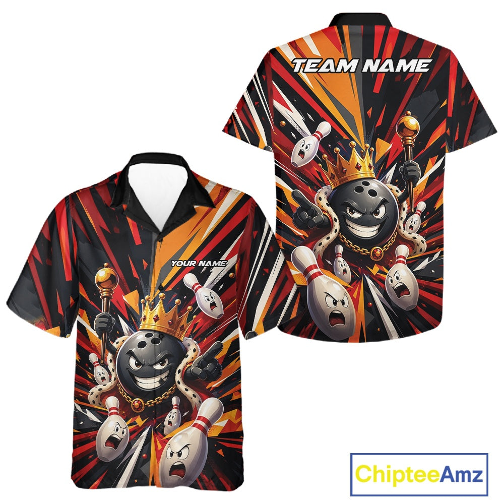 Front and back view of a button-up bowling shirt mockup featuring a crowned cartoon bowling ball with a royal scepter leading animated bowling pins through vibrant bursts of color on a black, red, and orange shirt.