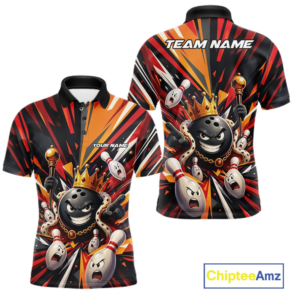 Front and back views of a men's bowling polo shirt mockup featuring a crowned cartoon bowling ball holding a royal scepter and leading animated bowling pins through vibrant radiating color bursts on a black, red, and orange palette.