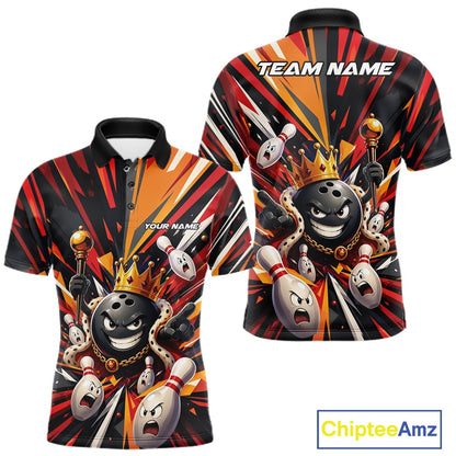 Front and back views of a men's bowling polo shirt mockup featuring a crowned cartoon bowling ball holding a royal scepter and leading animated bowling pins through vibrant radiating color bursts on a black, red, and orange palette.