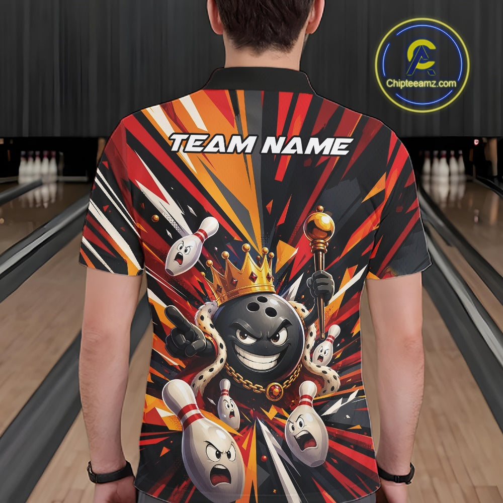 Back view of a male model wearing a black, red, and orange bowling polo shirt showcasing a crowned cartoon bowling ball with a royal scepter leading animated bowling pins through vibrant bursts of color in a bowling lane.
